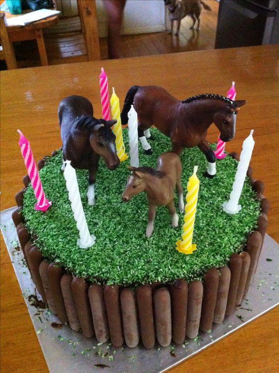 a birthday cake showing horses in a field with candles